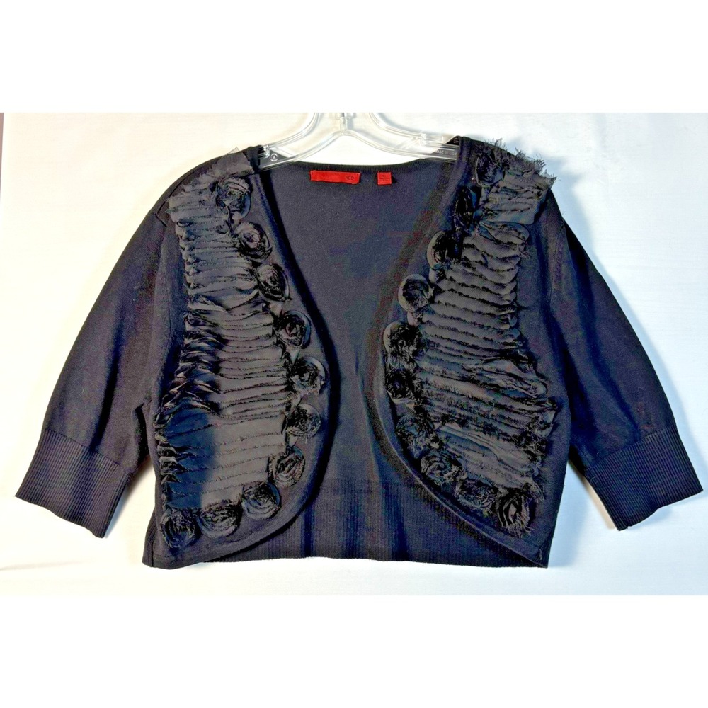 RED Women's black bolero sweater w/ruffles and rosettes on front XL